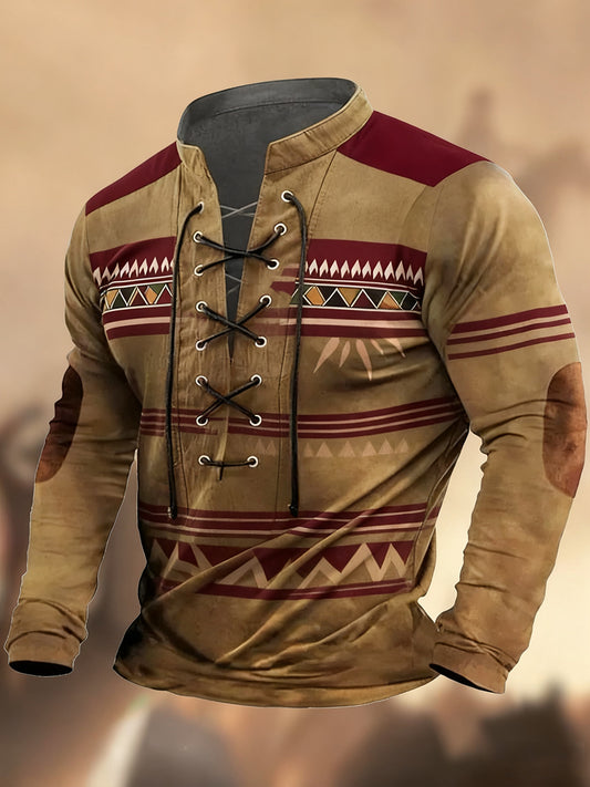 Vintage západní umění tisk country styl vneck henley s dlouhým rukávem košile