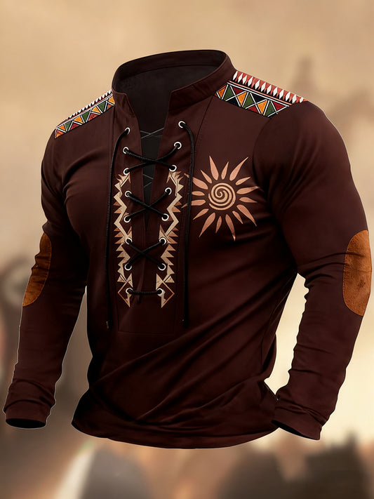 Vintage západní umění tisk country styl vneck henley s dlouhým rukávem košile