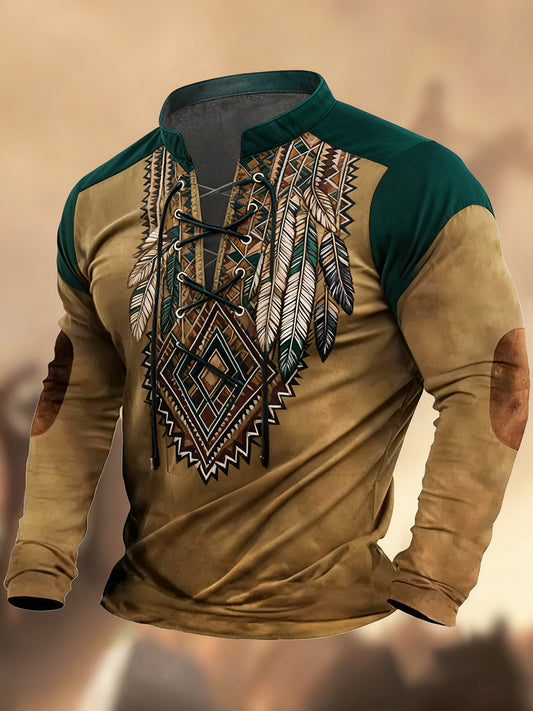 Vintage západní umění tisk country styl vneck henley s dlouhým rukávem košile