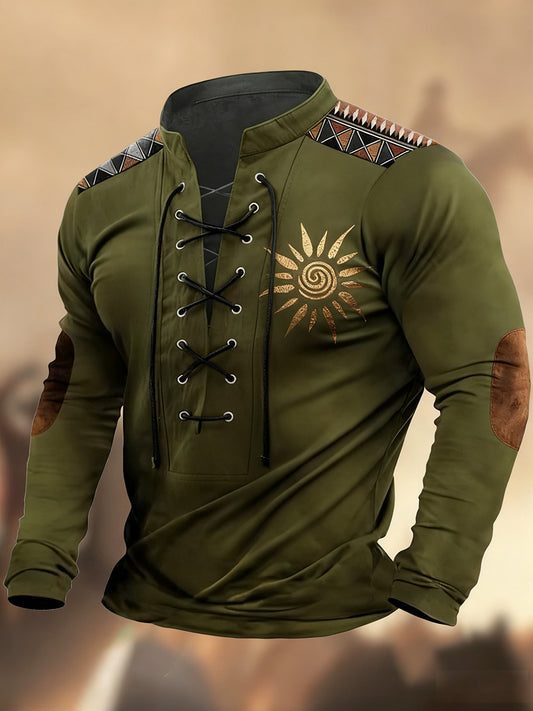 Vintage západní umění tisk country styl vneck henley s dlouhým rukávem košile