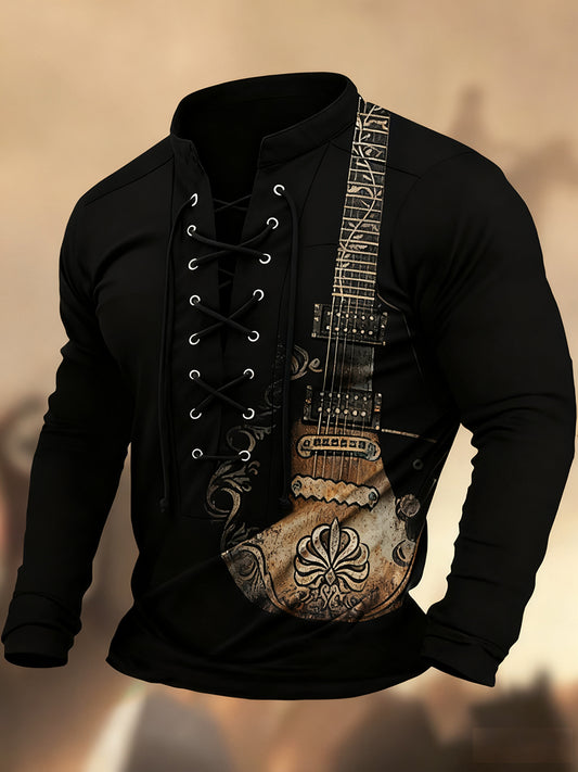 Vintage západní umění tisk country styl vneck henley s dlouhým rukávem košile