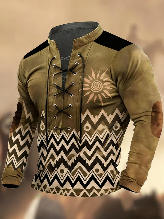 Vintage západní umění tisk country styl vneck henley s dlouhým rukávem košile