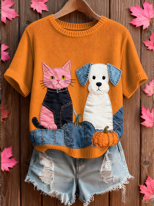 Dámské umělecké zvířecí tisk pohodlné pletené krátké rukávy top