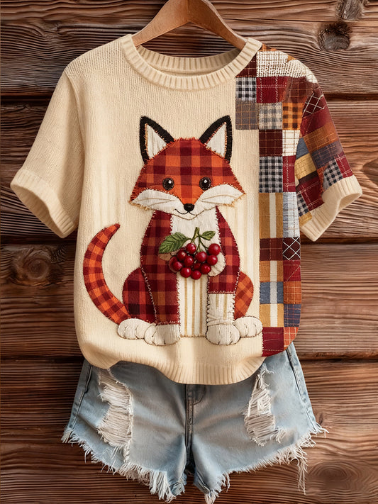 Dámské umělecké zvířecí tisk pohodlné pletené krátké rukávy top