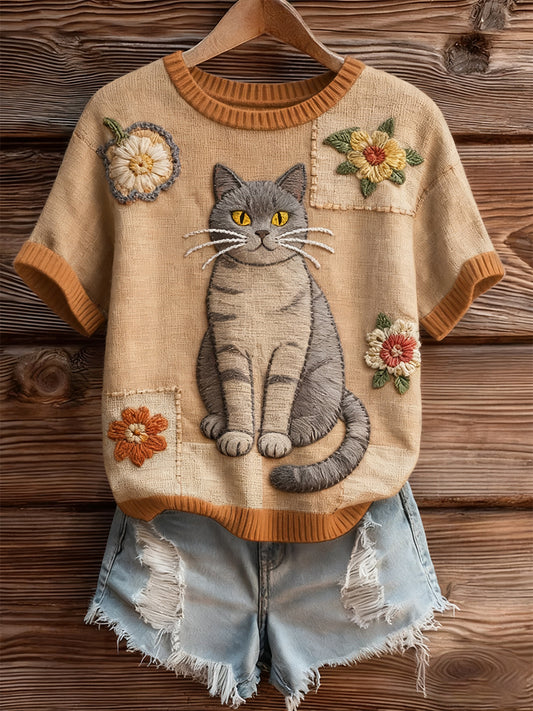 Dámské umělecké zvířecí tisk pohodlné pletené krátké rukávy top