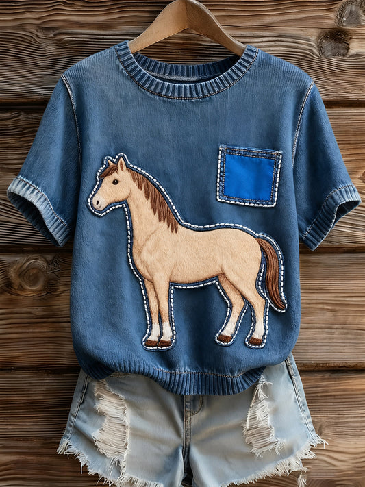 Dámské umělecké zvířecí tisk pohodlné pletené krátké rukávy top