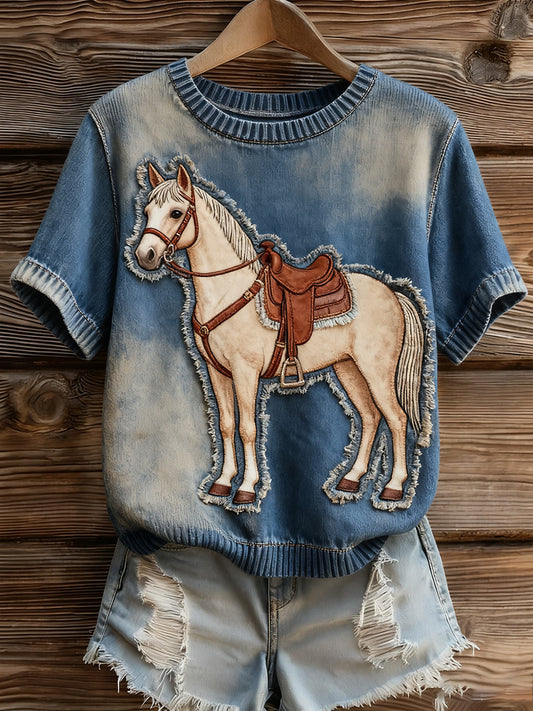 Dámské umělecké zvířecí tisk pohodlné pletené krátké rukávy top