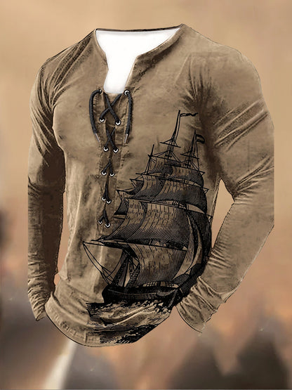 Pánské retro tisk laceup s kapucnou s dlouhými rukávy casual top