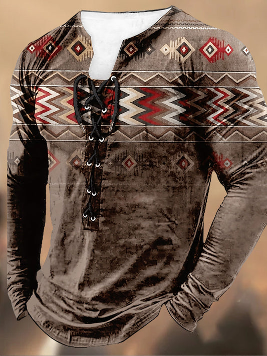 Pánské retro tisk laceup s kapucnou s dlouhými rukávy casual top