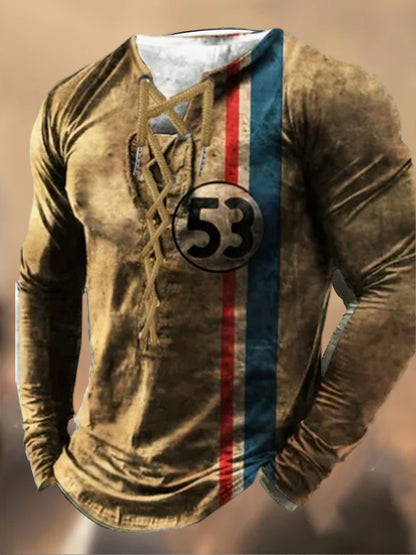 Pánské retro tisk laceup s kapucnou s dlouhými rukávy casual top