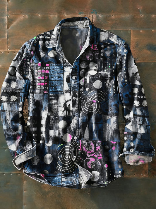 Pánské retro abstraktní art print příležitostné tričko s dlouhým rukávem