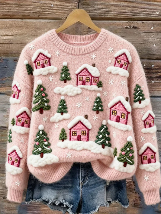 Dámské vintage vánoční umění tisk pohodlné příležitostné svetr