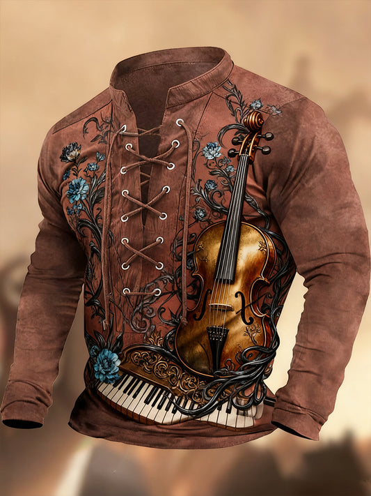 Vintage západní umění tisk country styl vneck henley s dlouhým rukávem košile