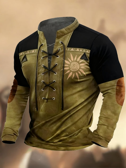 Vintage západní umění tisk country styl vneck henley s dlouhým rukávem košile