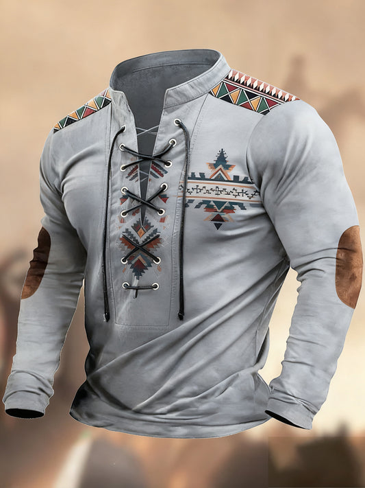 Vintage západní umění tisk country styl vneck henley s dlouhým rukávem košile