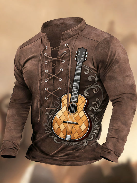 Vintage západní umění tisk country styl vneck henley s dlouhým rukávem košile