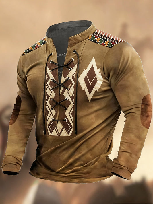 Vintage západní umění tisk country styl vneck henley s dlouhým rukávem košile