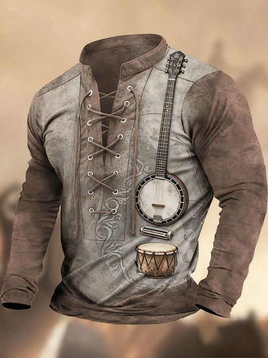 Vintage západní umění tisk country styl vneck henley s dlouhým rukávem košile