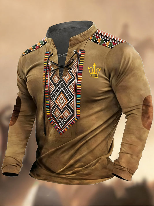 Vintage západní umění tisk country styl vneck henley s dlouhým rukávem košile