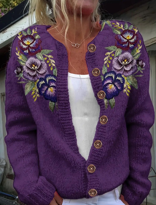 Dámské retro floral art print pohodlný svetr svetr