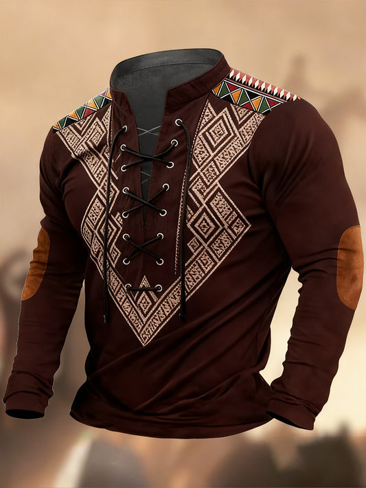 Vintage západní umění tisk country styl vneck henley s dlouhým rukávem košile