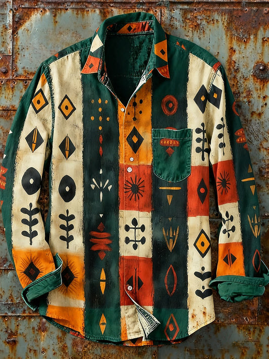 Pánské retro abstraktní art print příležitostné tričko s dlouhým rukávem