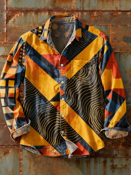 Pánské retro abstraktní art print příležitostné tričko s dlouhým rukávem