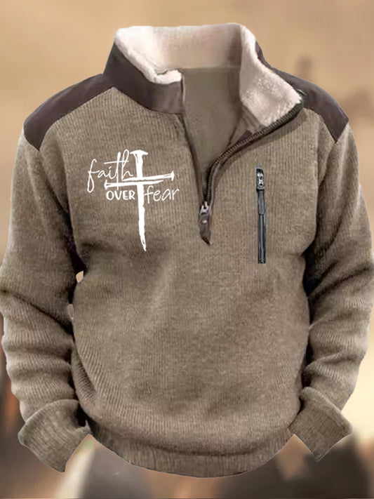 Pánské retro faith print henley stojan golier casual zipper sportovní mikina