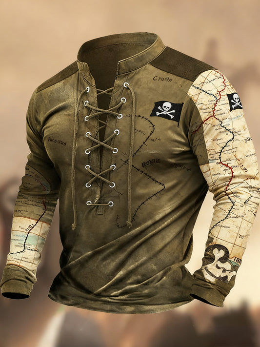 Vintage západní umění tisk country styl vneck henley s dlouhým rukávem košile