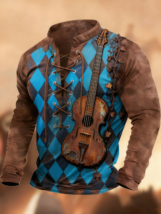 Vintage západní umění tisk country styl vneck henley s dlouhým rukávem košile