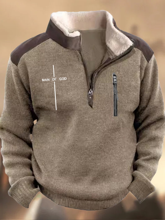 Pánské retro faith print henley stojan golier casual zipper sportovní mikina