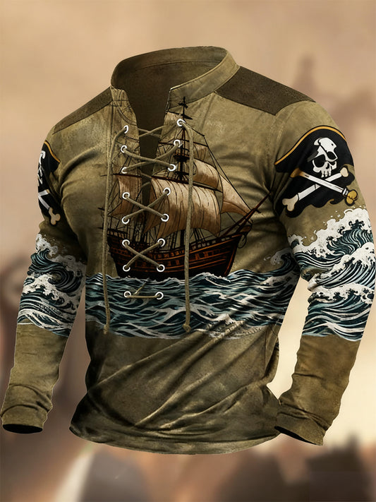 Vintage západní umění tisk country styl vneck henley s dlouhým rukávem košile