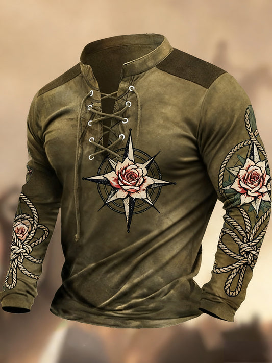 Vintage západní umění tisk country styl vneck henley s dlouhým rukávem košile