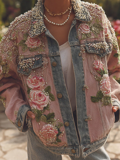 Ženské vintage květinové umění džínsová bunda