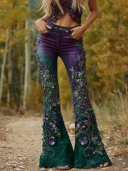 Dámské vintage květinové umění džínsové kalhoty