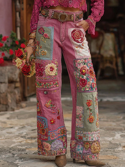 Dámské vintage květinové umění džínsové kalhoty