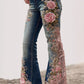 Dámské vintage květinové umění džínsové kalhoty
