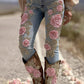Dámské vintage květinové umění džínsové kalhoty