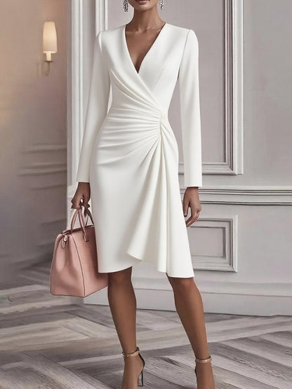 Dámské retro crossover vneck pasu jednofarebné šaty s dlouhým rukávem