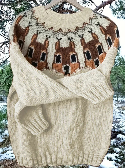 Dámské vintage vánoční zvířecí umění tisk pohodlný příležitostný svetr