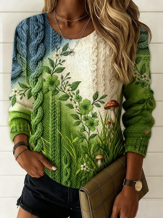 Dámské vintage květinové umění tisk příležitostné pohodlí svetr