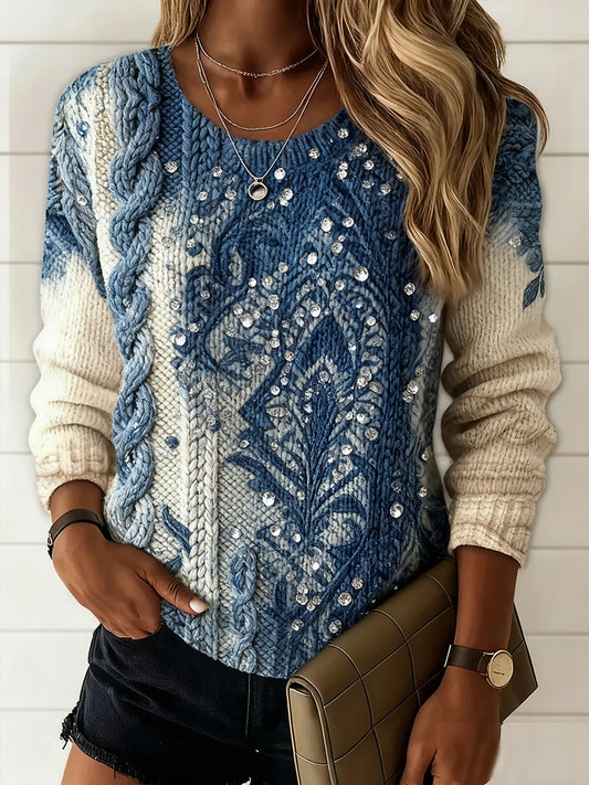 Dámské vintage květinové umění tisk příležitostné pohodlí svetr