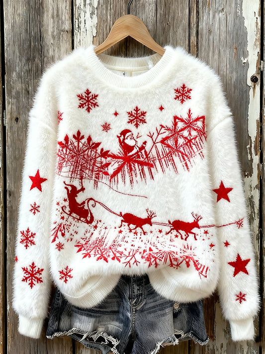 Dámské vintage vánoční umění tisk útulná flanelová mikina