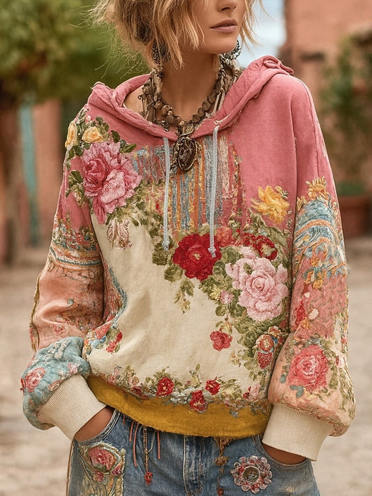 Dámské vintage bohémský patchwork floral casual hoodie