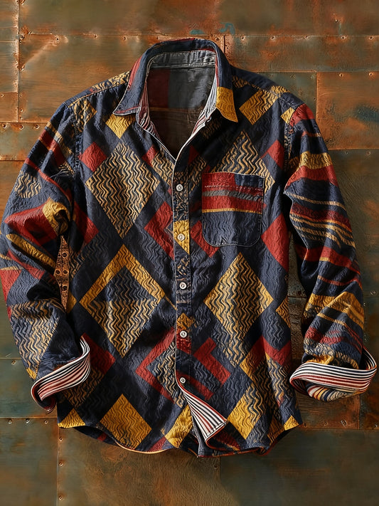 Pánské retro abstraktní art print příležitostné tričko s dlouhým rukávem