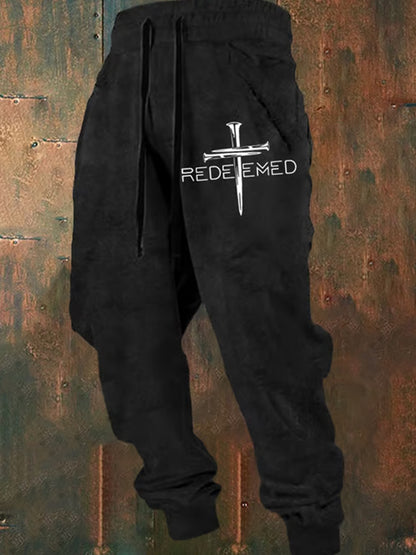 Xkz038 označte pro muže retro faith tisk volné neformální kalhoty