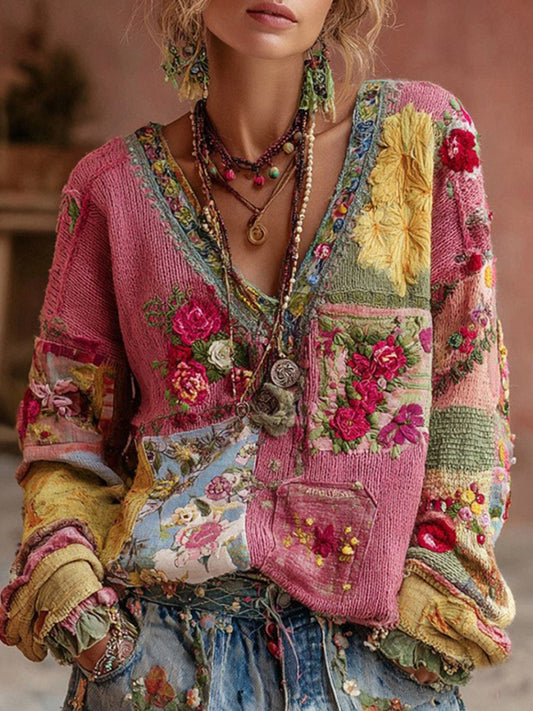 Dámské retro bohémské květinové pohodlí pletený svetr